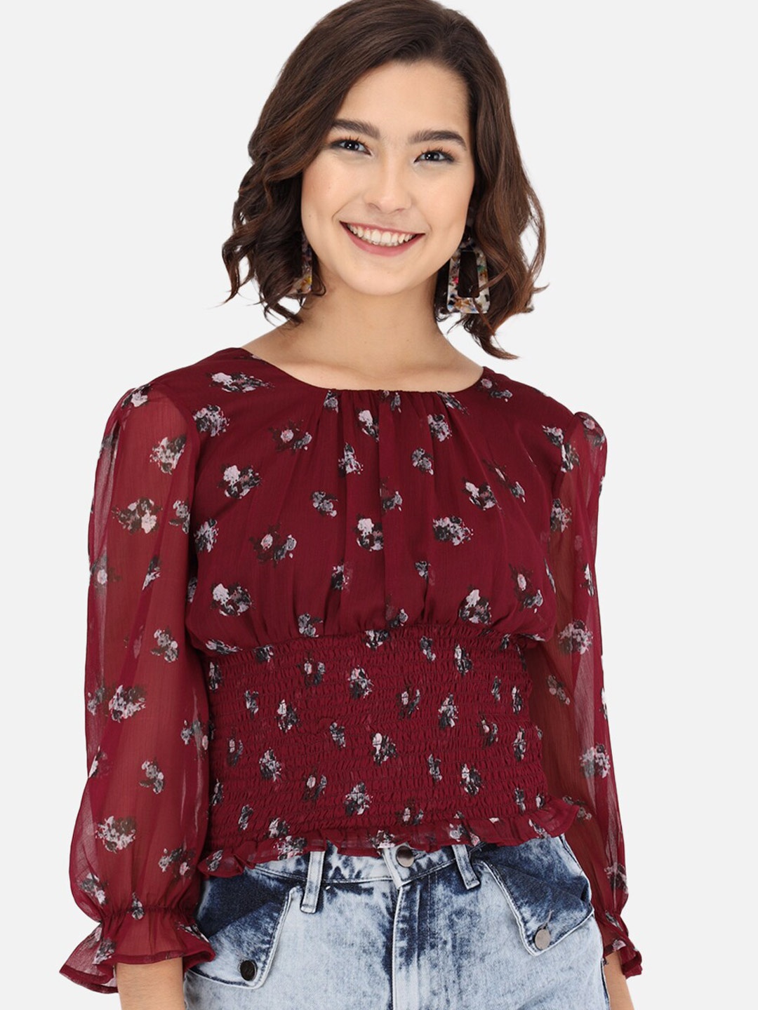 

Trend Arrest Women Maroon Floral Smocked Top
