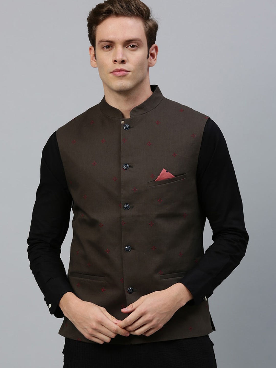 

RARE RABBIT Men Brown Solid Pure Cotton Woven Nehru Jacket