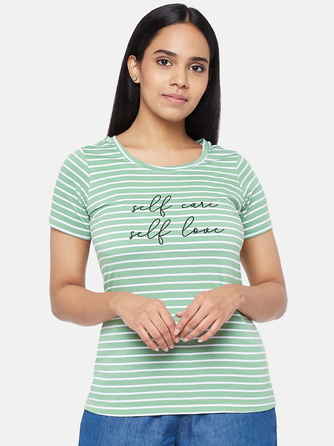

Honey by Pantaloons Women Green Striped Typography T-shirt
