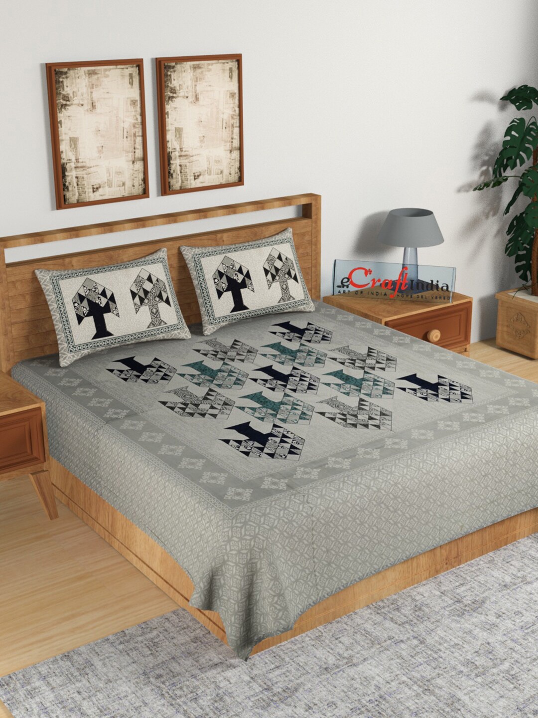 

eCraftIndia Grey & Black Ethnic Motifs 180 TC King Bedsheet with 2 Pillow Covers