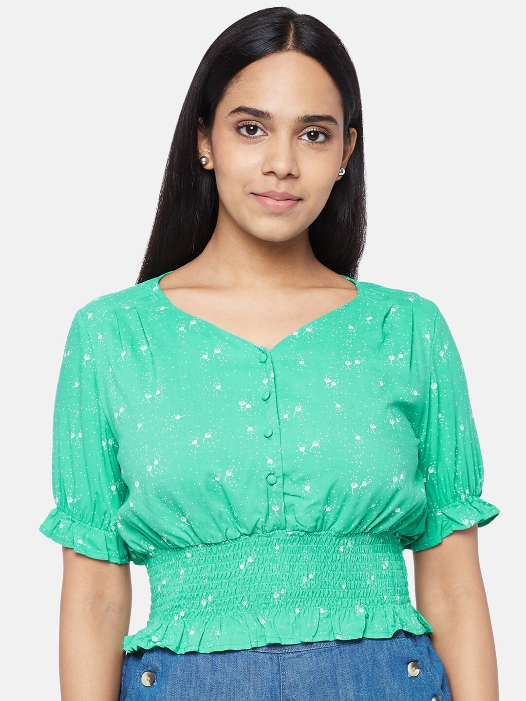 

People Women Teal Green & White Printed Smocked Blouson Top