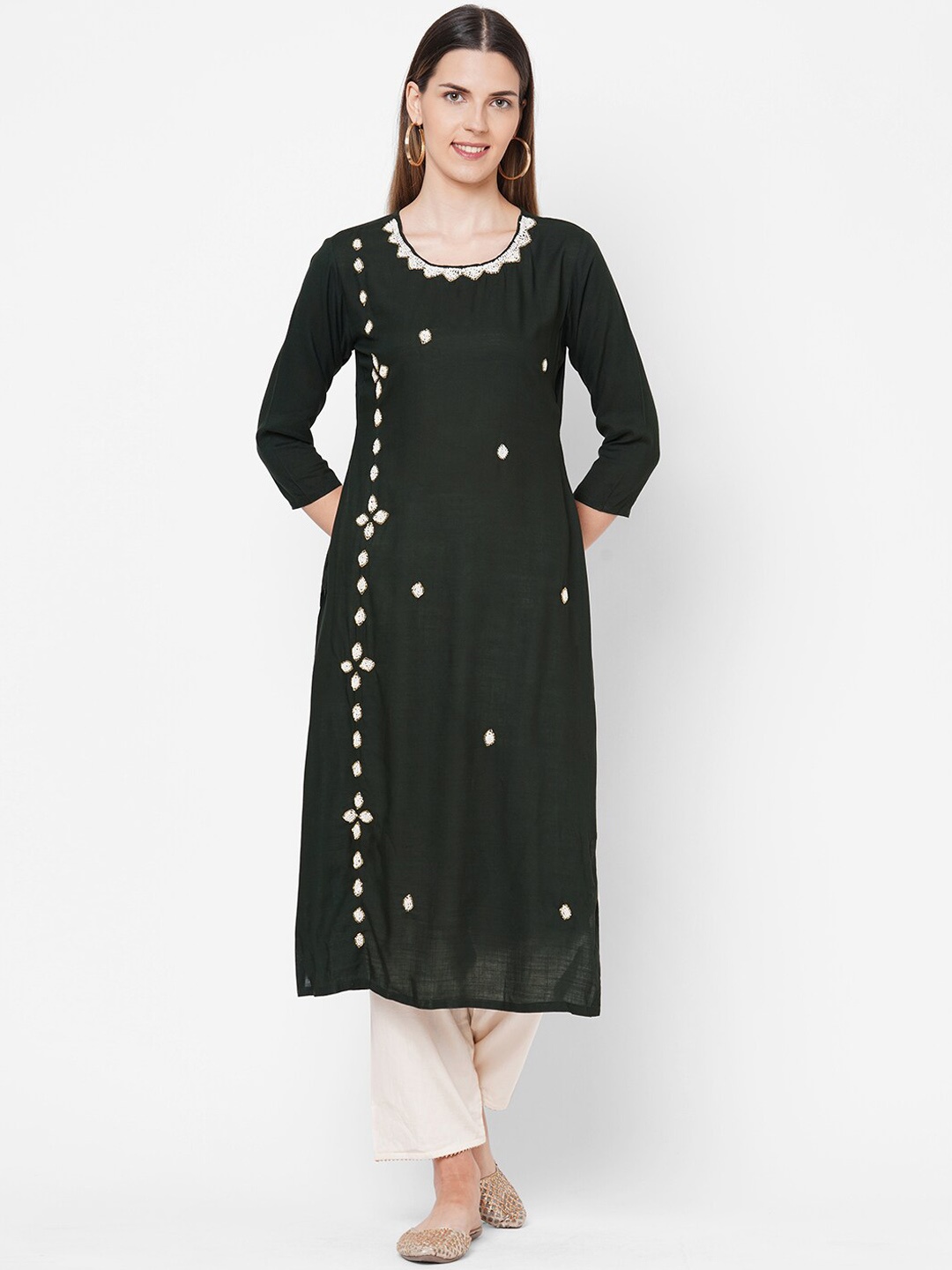 

FASHOR Women Green & Off White Beads Hand Embellished Kurta