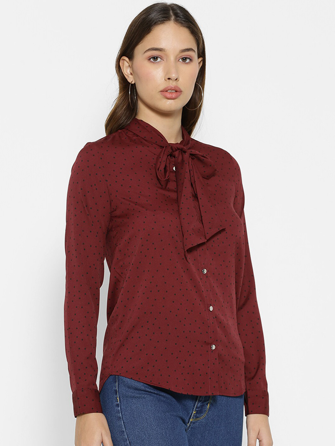 

FOREVER 21 Maroon Tie-Up Neck Shirt Style Top