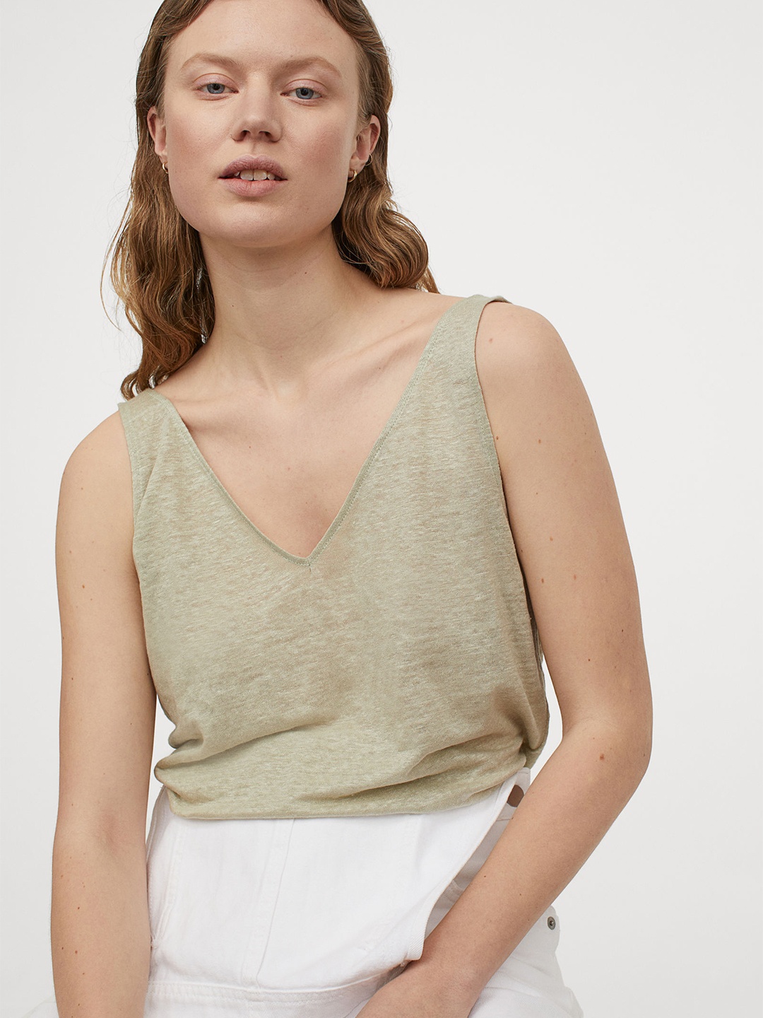 

H&M Women Sea Green Solid Linen Vest Top