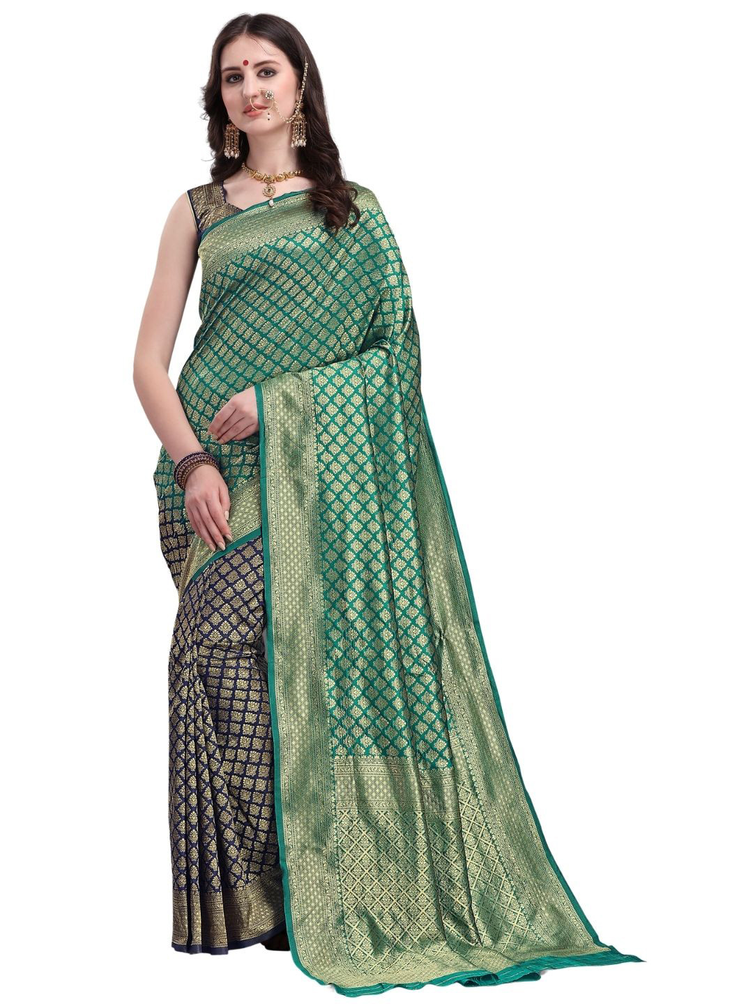 

KALINI Green & Purple Ethnic Motifs Zari Silk Blend Half and Half Kanjeevaram Saree