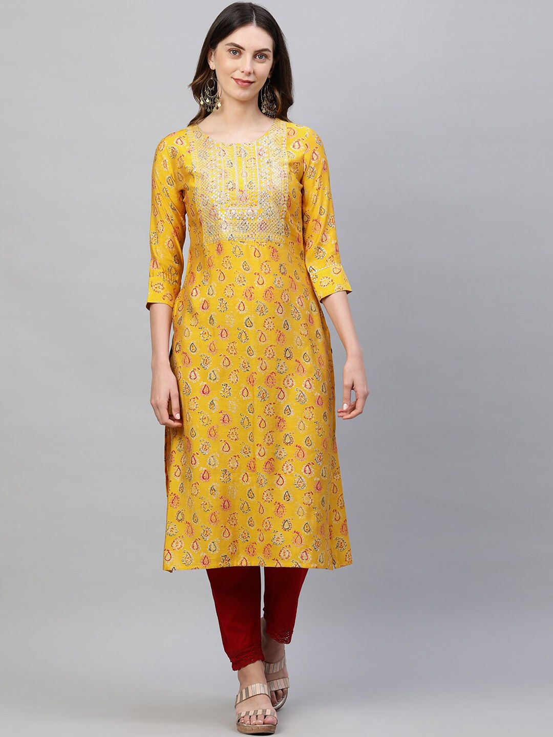 

FASHOR Women Mustard Yellow Ethnic Motifs Printed Flared Sleeves Kurta
