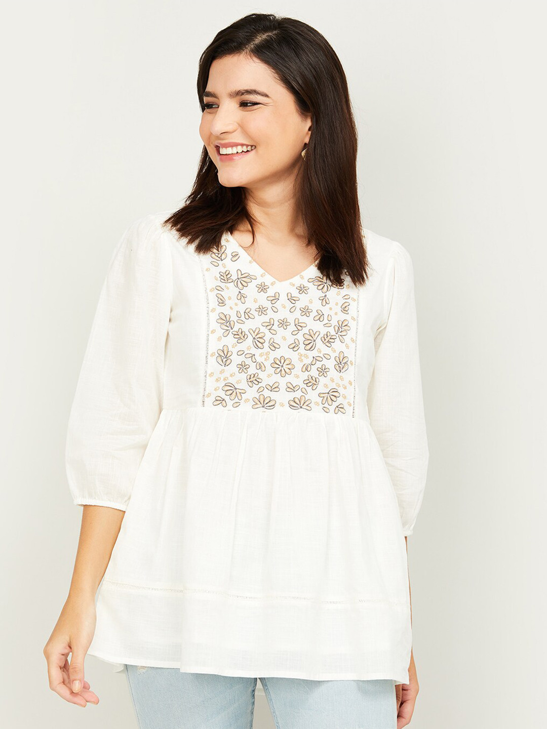 

Colour Me by Melange Off White & Beige Embroidered Tunic