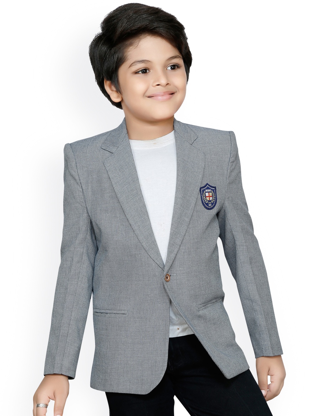 

RIKIDOOS Boys Grey Solid Comfort-Fit Single-Breasted Casual Blazer