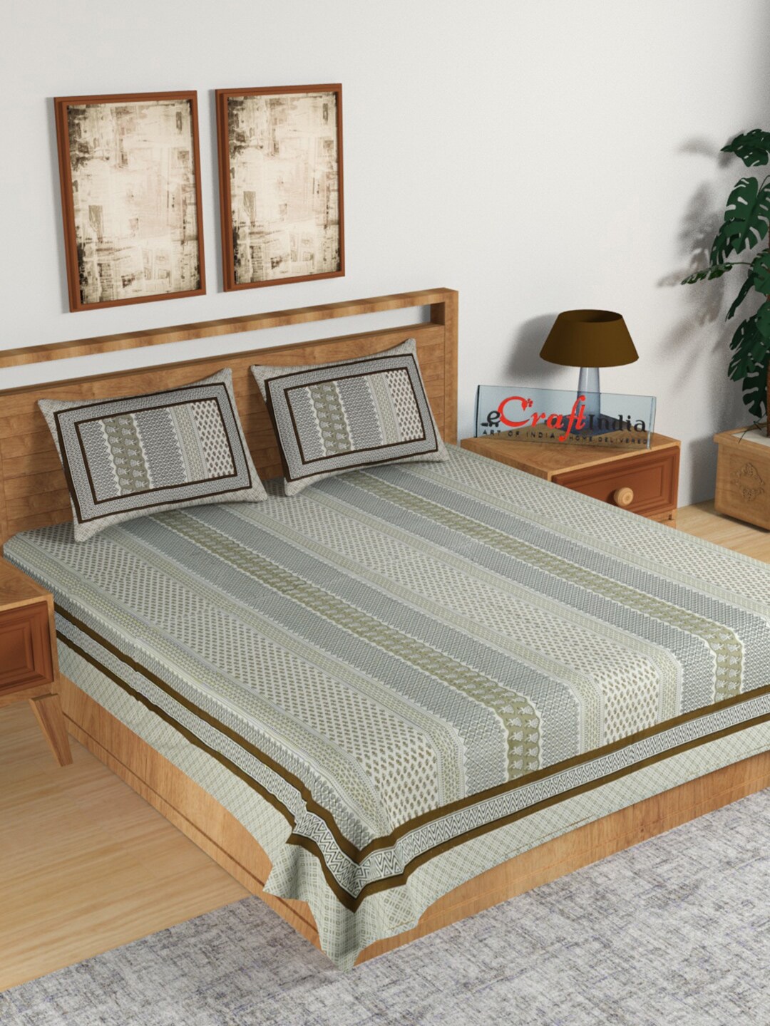 

eCraftIndia White & Brown Ethnic Motifs 144 TC Cotton King Bedsheet with 2 Pillow Covers
