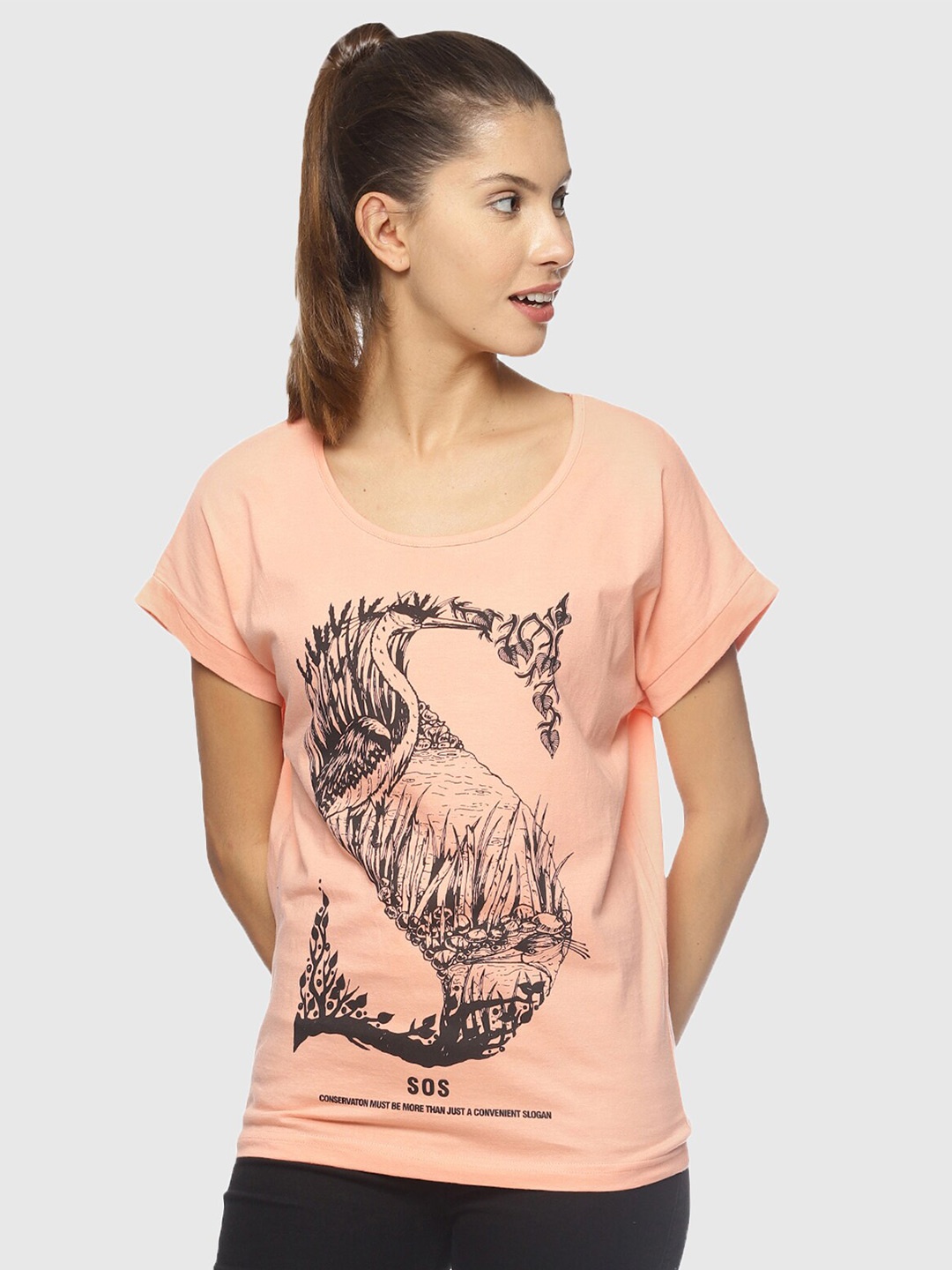 Wolfpack Women Peach-Coloured Printed T-shirt
