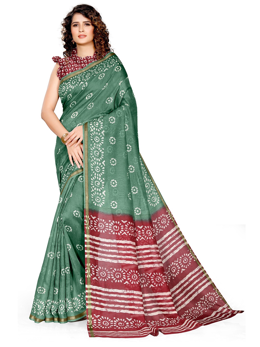 

KALINI Green & Maroon Batik Designer Saree