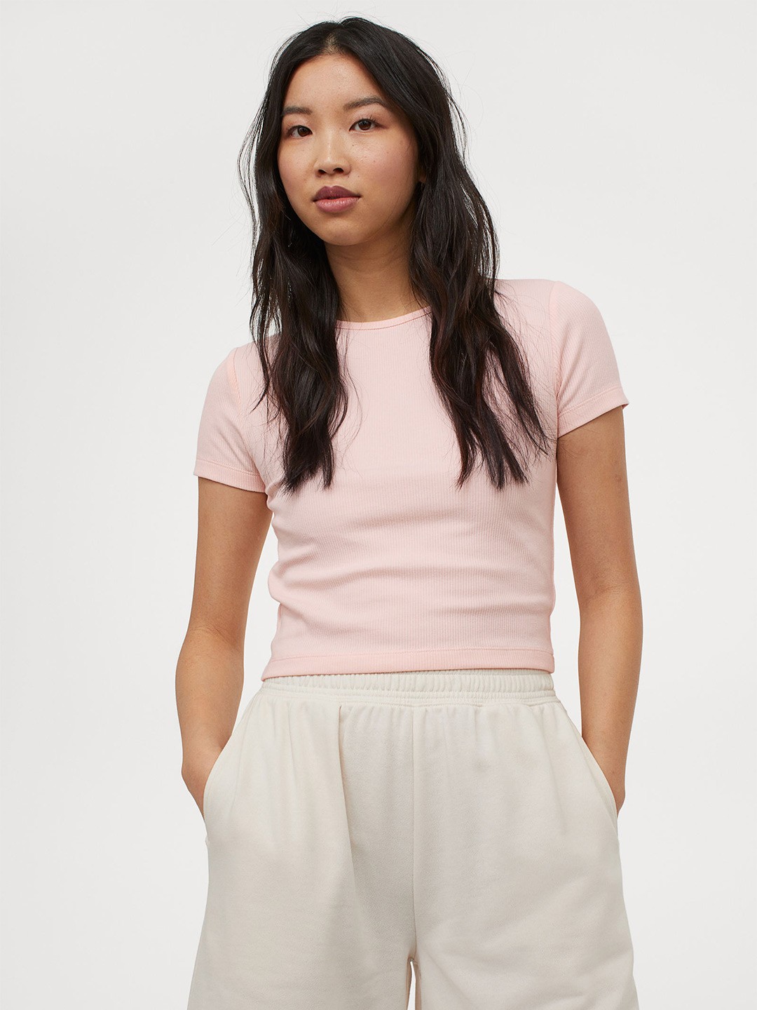

H&M Women Pink Ribbed Cropped Top