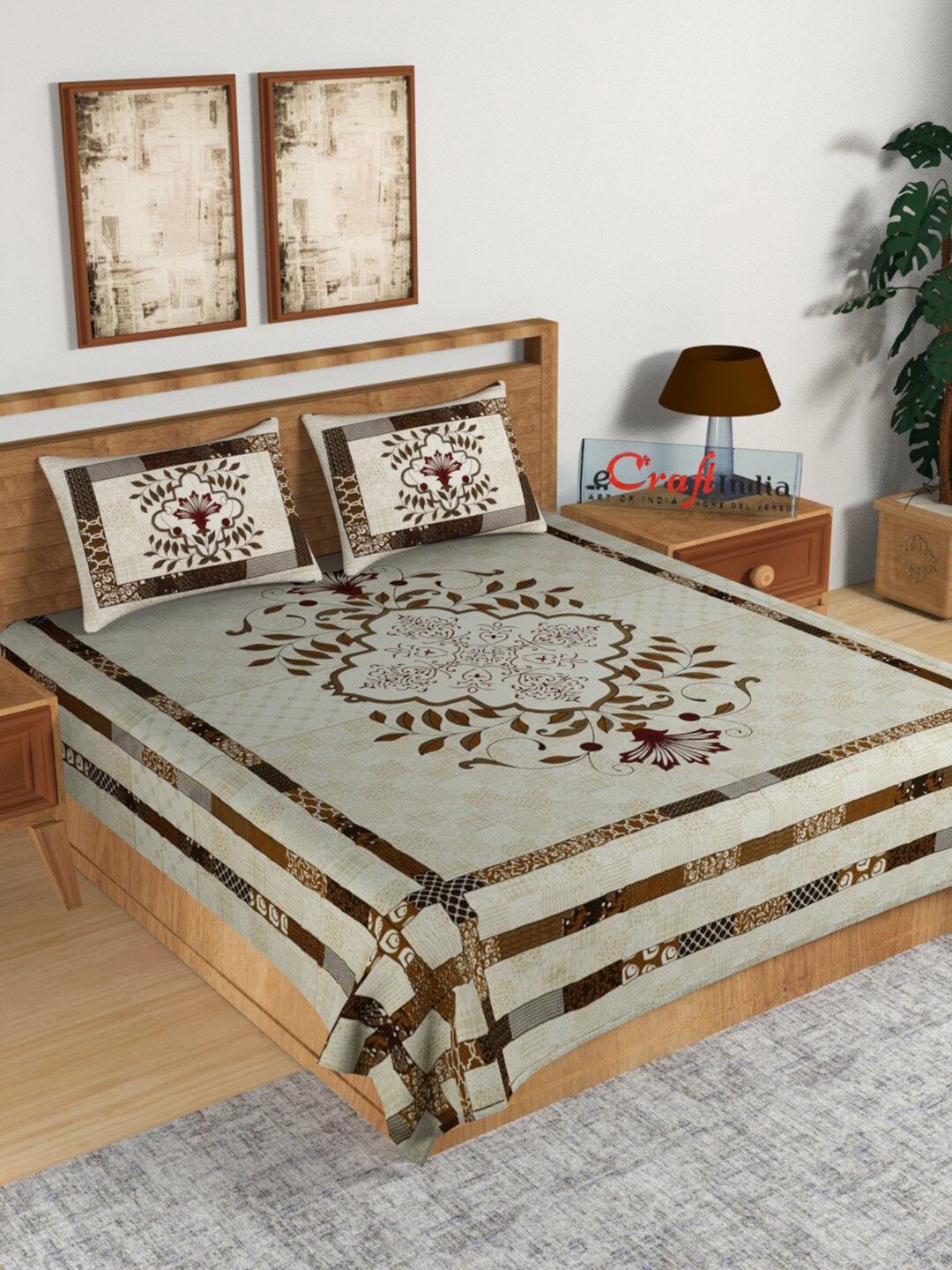 eCraftIndia Off White & Brown Floral 180 TC King Bedsheet with 2 Pillow Covers