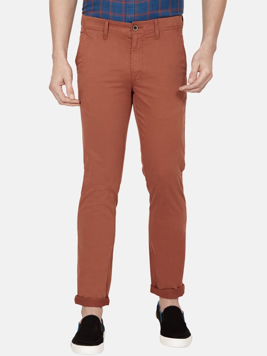 Oxemberg Men Rust Slim Fit Mid-Rise Trousers