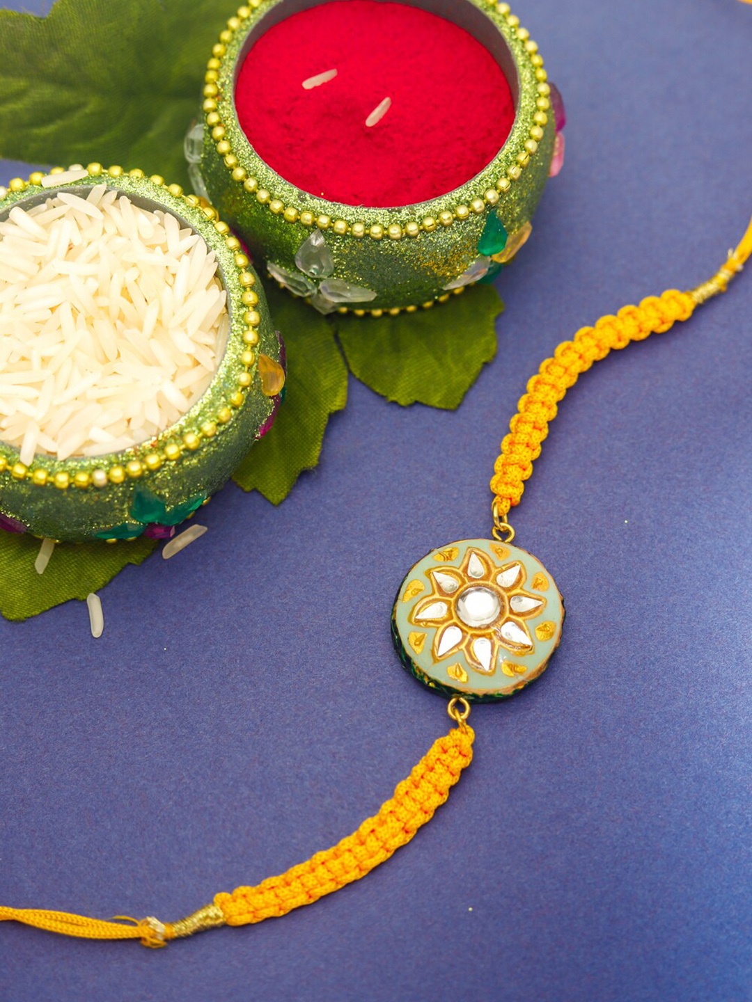 

Shoshaa Lime Green & Yellow Kundan Reversible Design Meenakari Single Bhai Rakhi