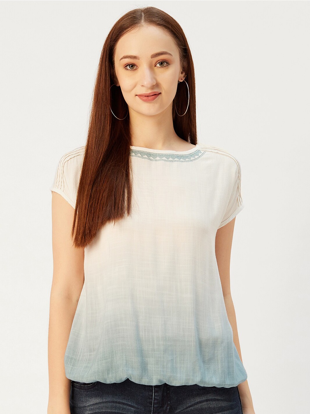 

Xpose Teal Blue & White Regular Top