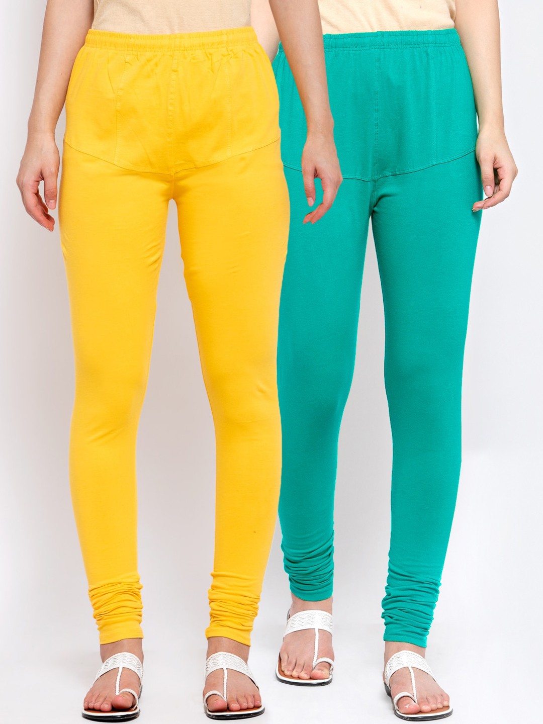

KLOTTHE Women Pack Of 2 Solid Churidar-Length Cotton Leggings, Sea green