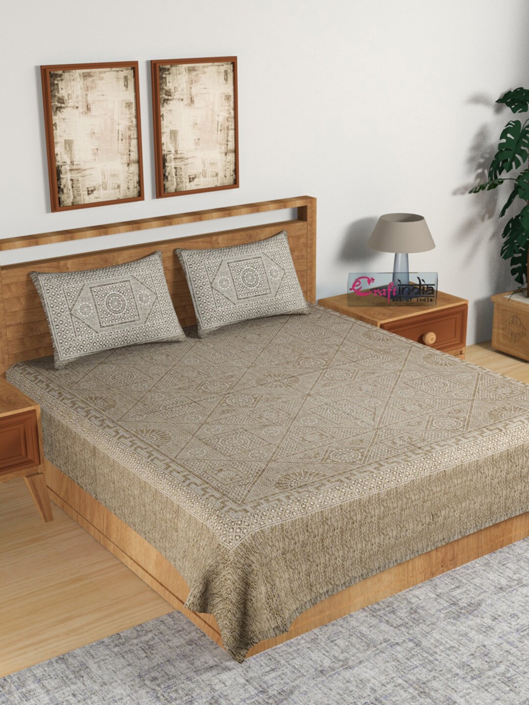 

eCraftIndia Brown Geometric 144 TC Cotton King Bedsheet with 2 Pillow Covers