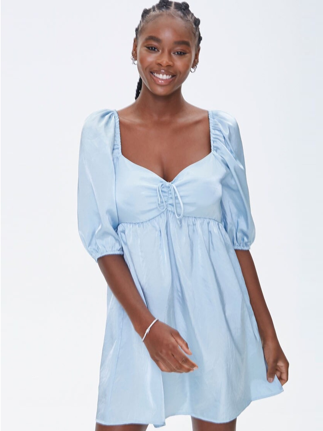 

FOREVER 21 Women Solid Blue Empire Puff Sleeve Dress