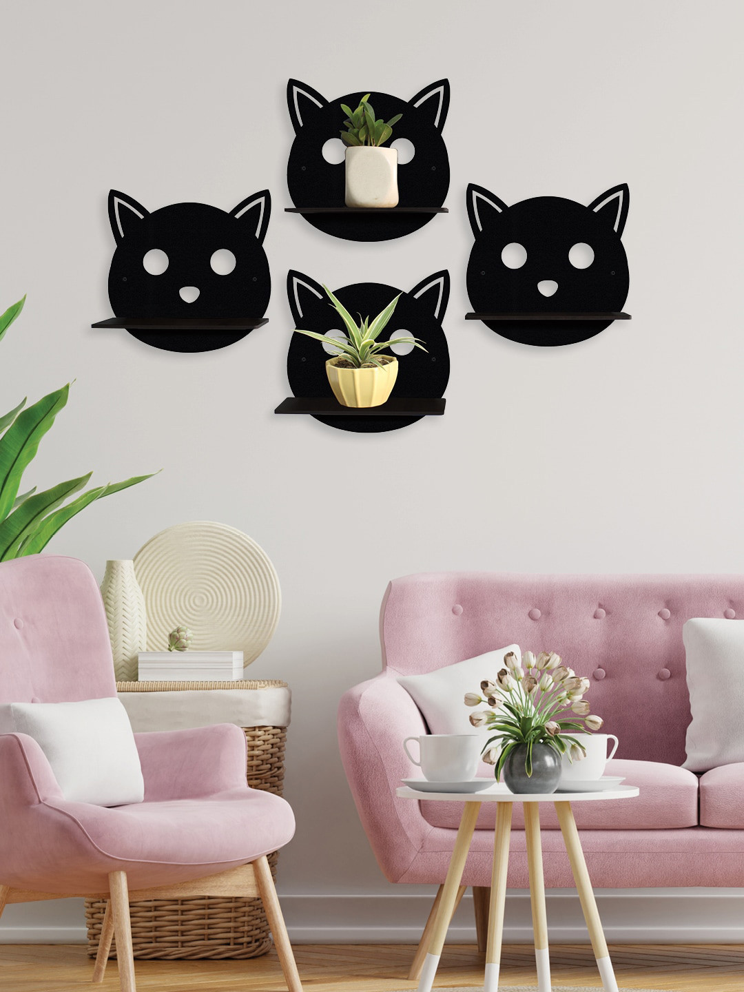 

RANDOM Set Of 4 Black MDF Cat Shaped Basic Wall Plant/Flower Shelf