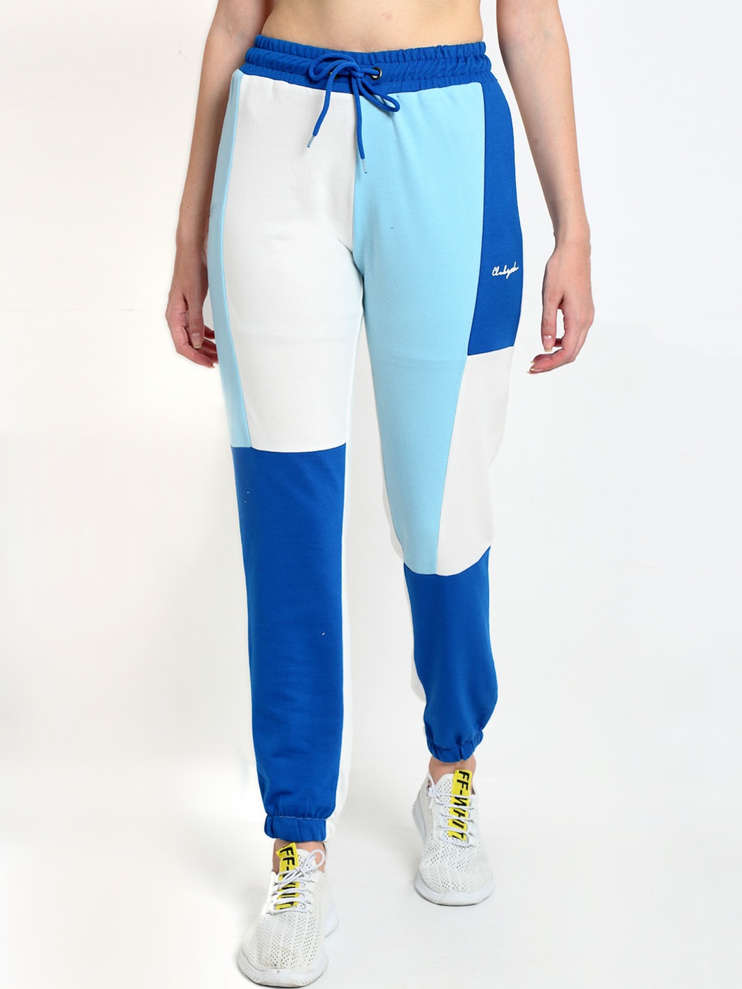 

Club York Women White & Blue Colourblocked Straight-Fit Joggers