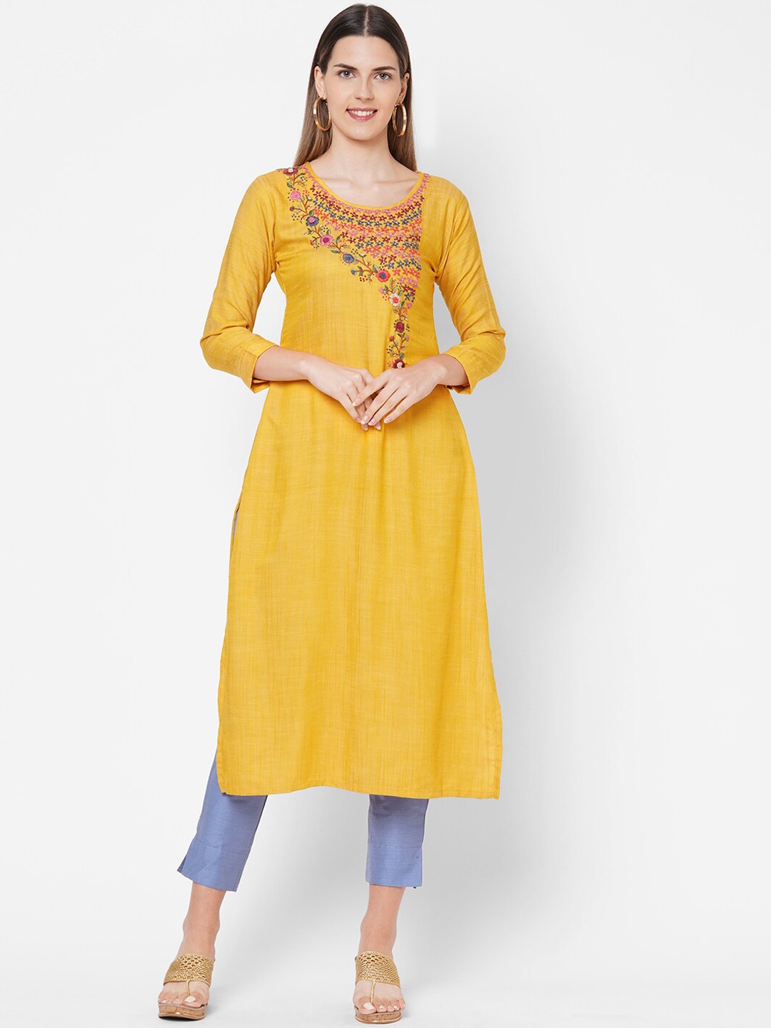 

FASHOR Women Mustard Yellow Floral Yoke Design Thread Work Kurta