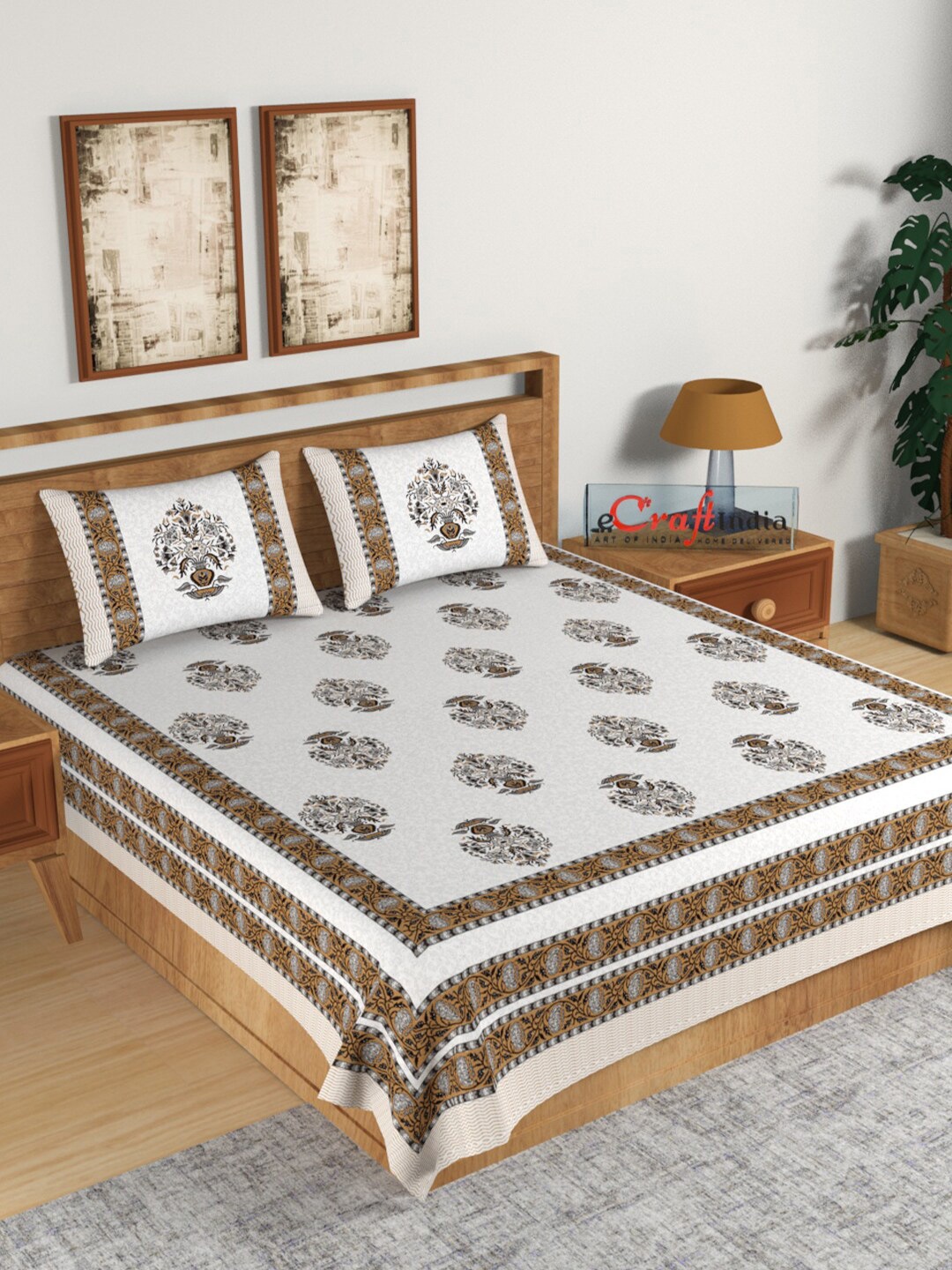 

eCraftIndia White & Brown Ethnic Motifs 180 TC King Bedsheet with 2 Pillow Covers