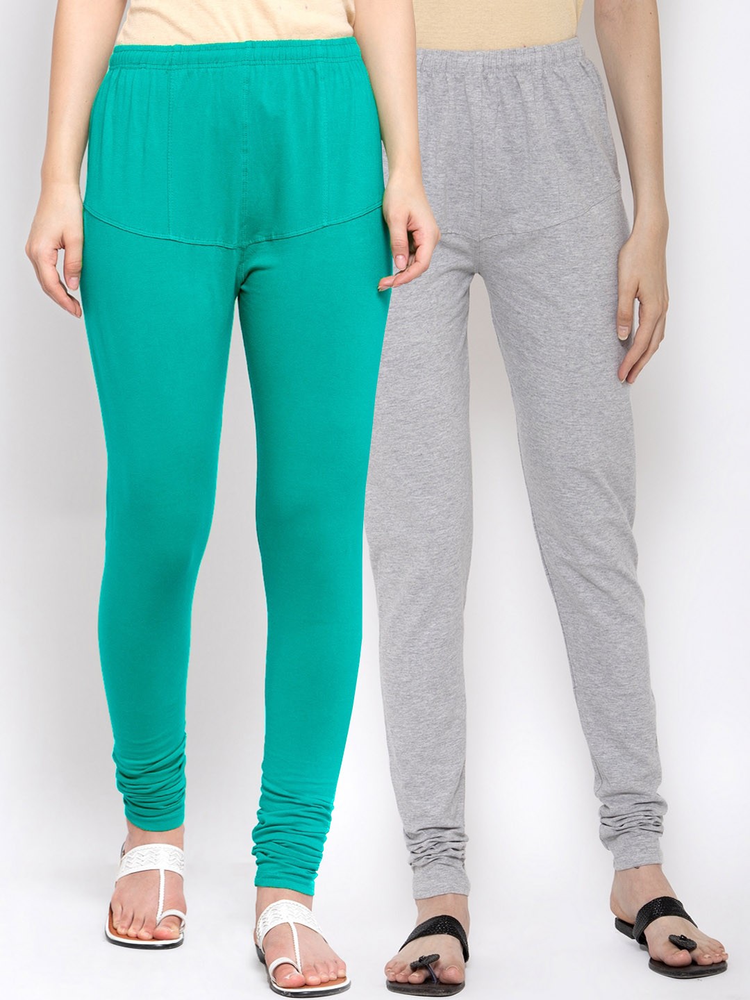 

KLOTTHE Women Pack Of 2 Solid Churidar-Length Cotton Leggings, Sea green