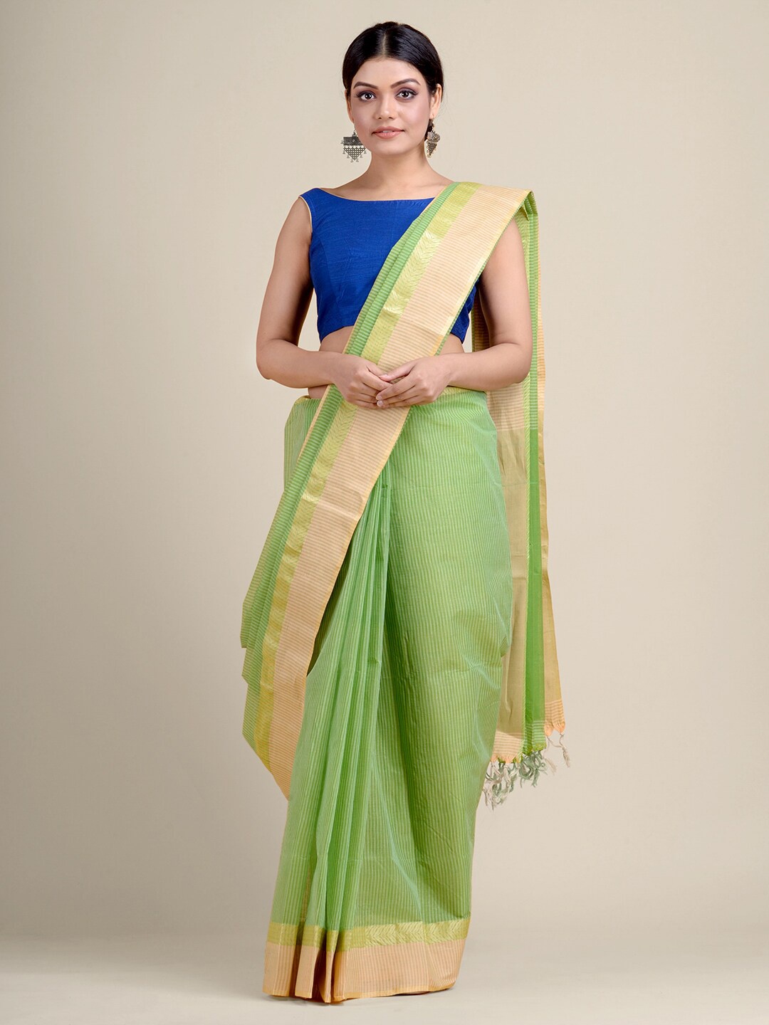 Charukriti Green & Gold-Toned Striped Pure Cotton Handloom Taant Saree