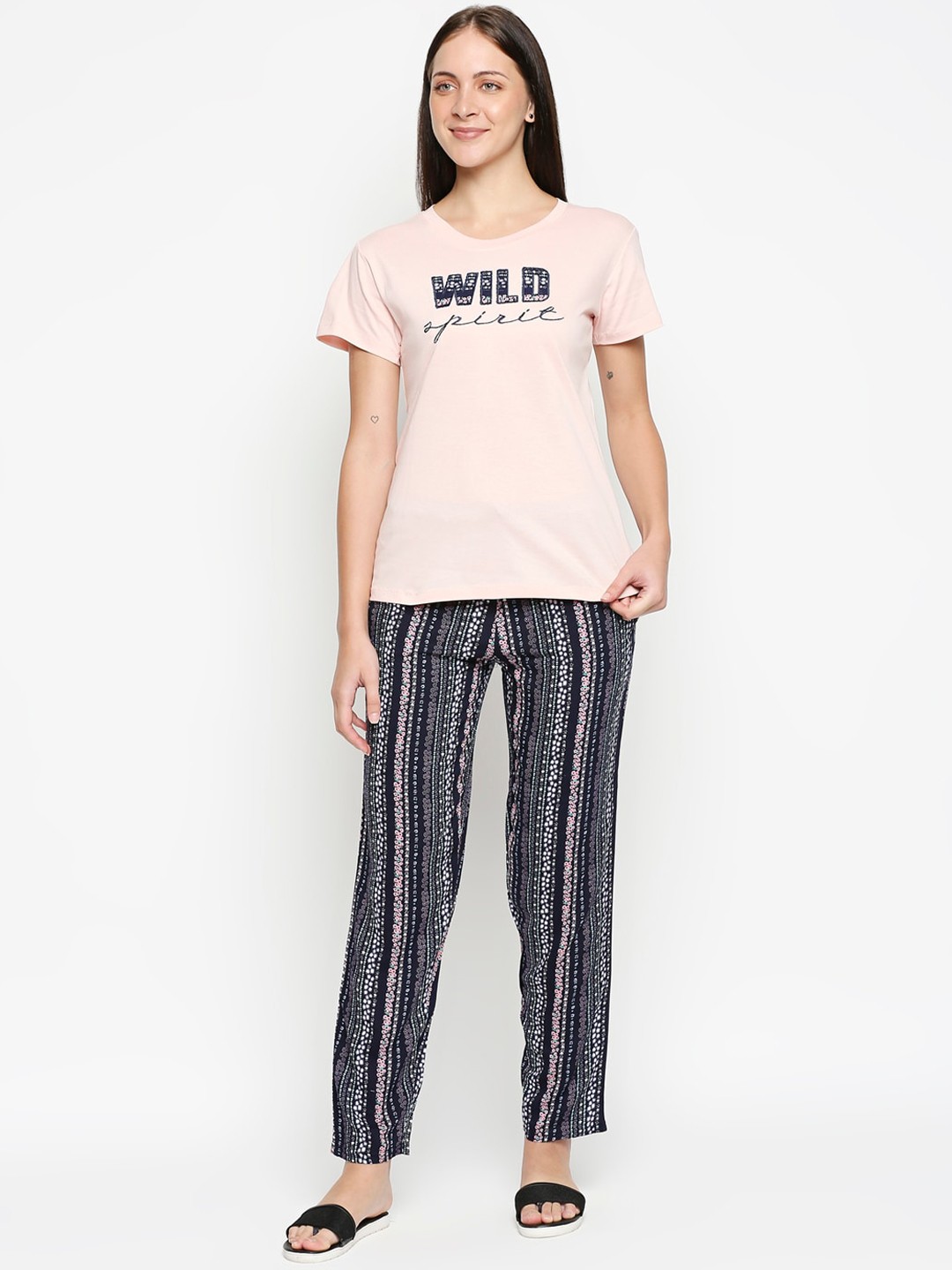 

XIN Women Pink & Black Printed Night suit