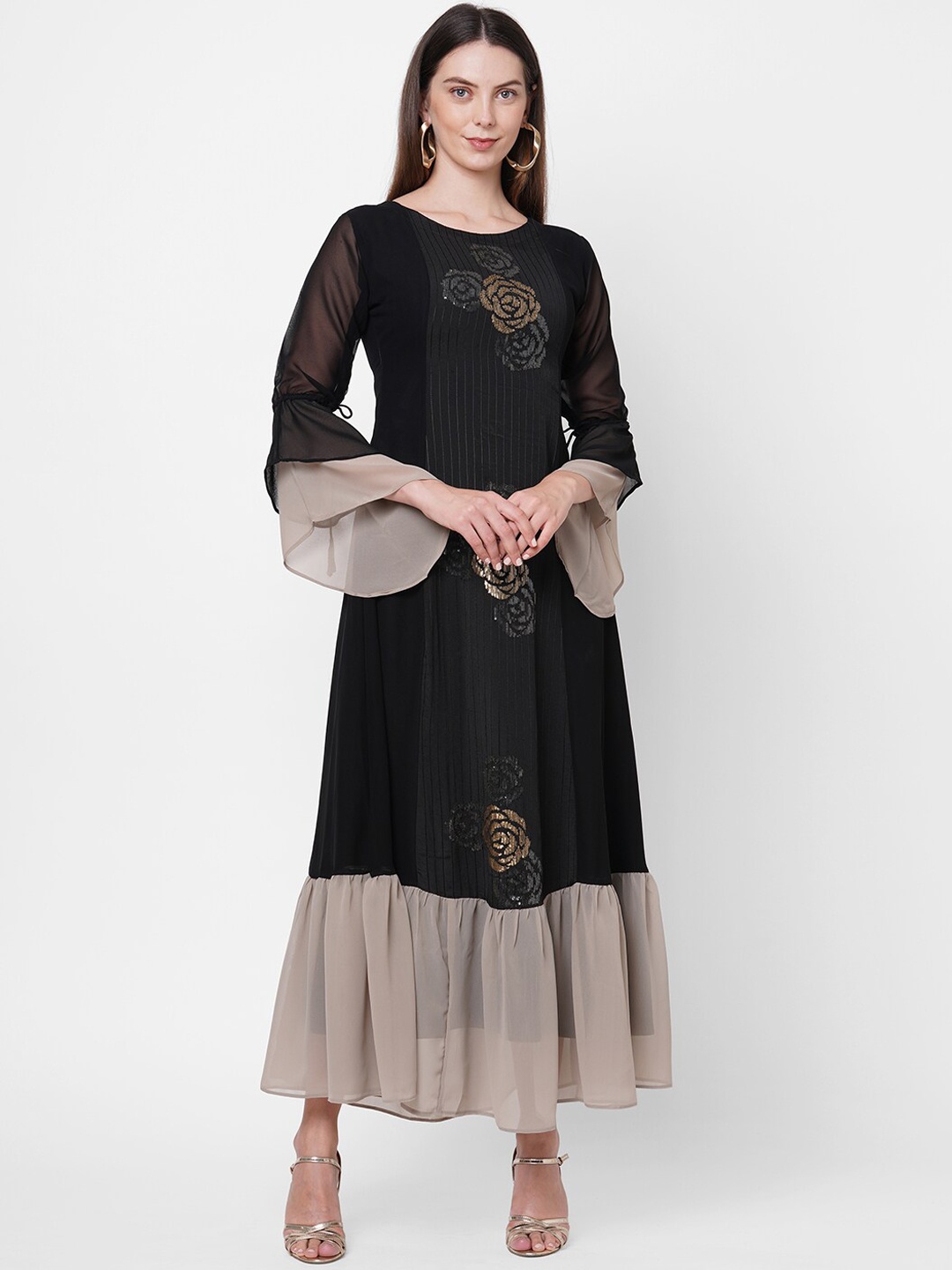 

FASHOR Black & Beige Floral Georgette Ethnic Maxi Dress