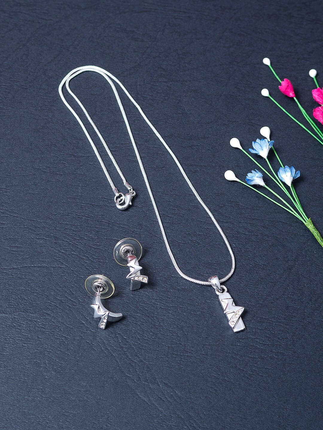 

Golden Peacock Silver-Toned & White Stone-Studded Jewellery Set
