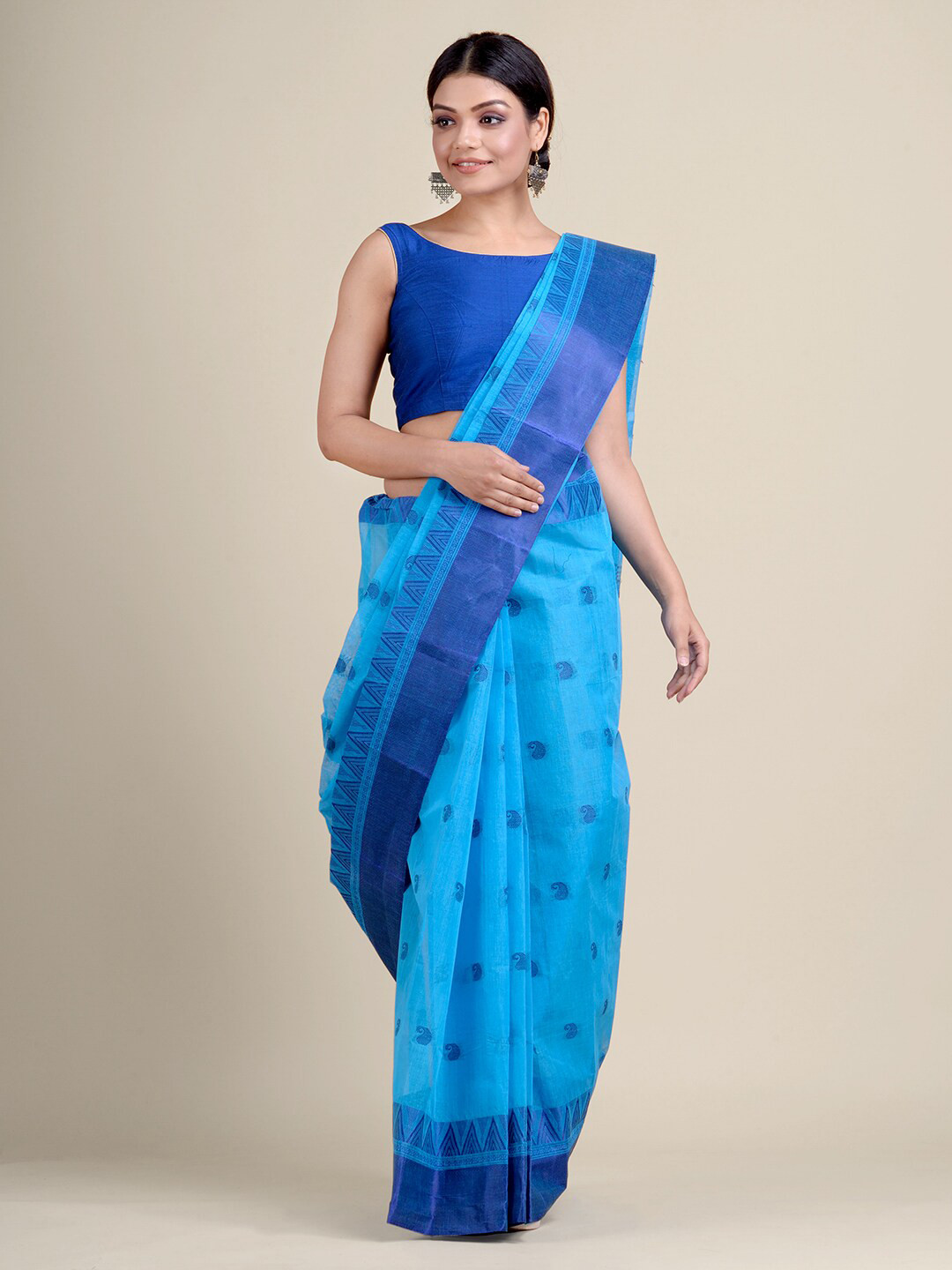 

Charukriti Blue Ethnic Motifs Woven Design Pure Cotton Taant Saree