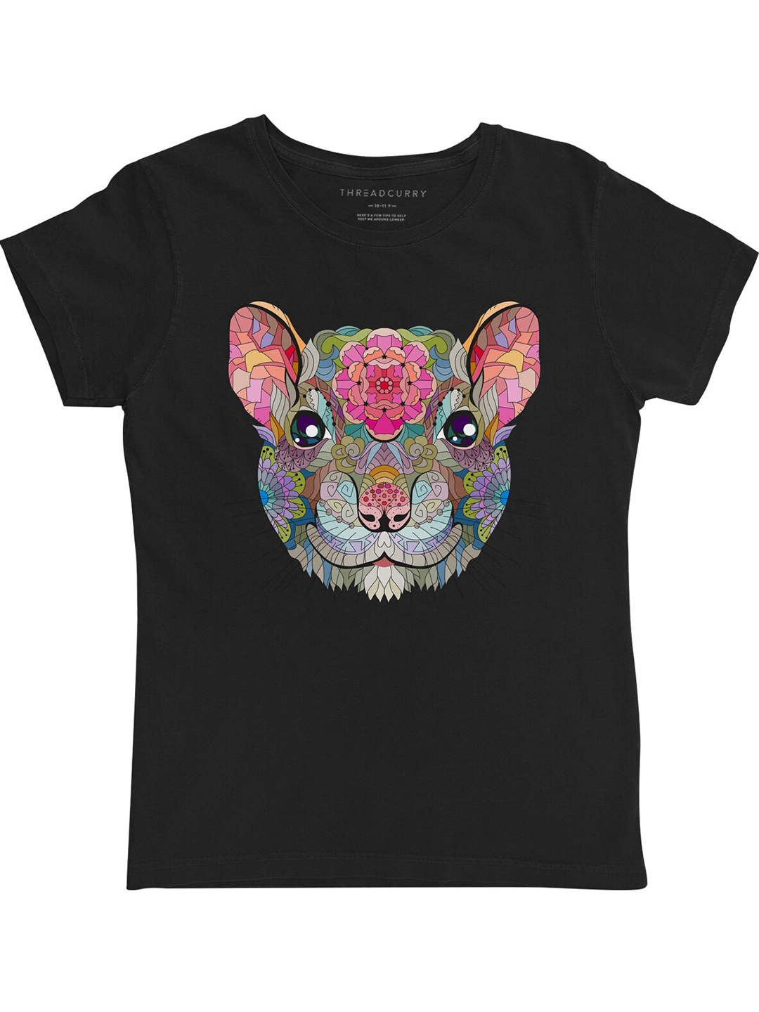 THREADCURRY Girls Black Printed Round Neck T-shirt