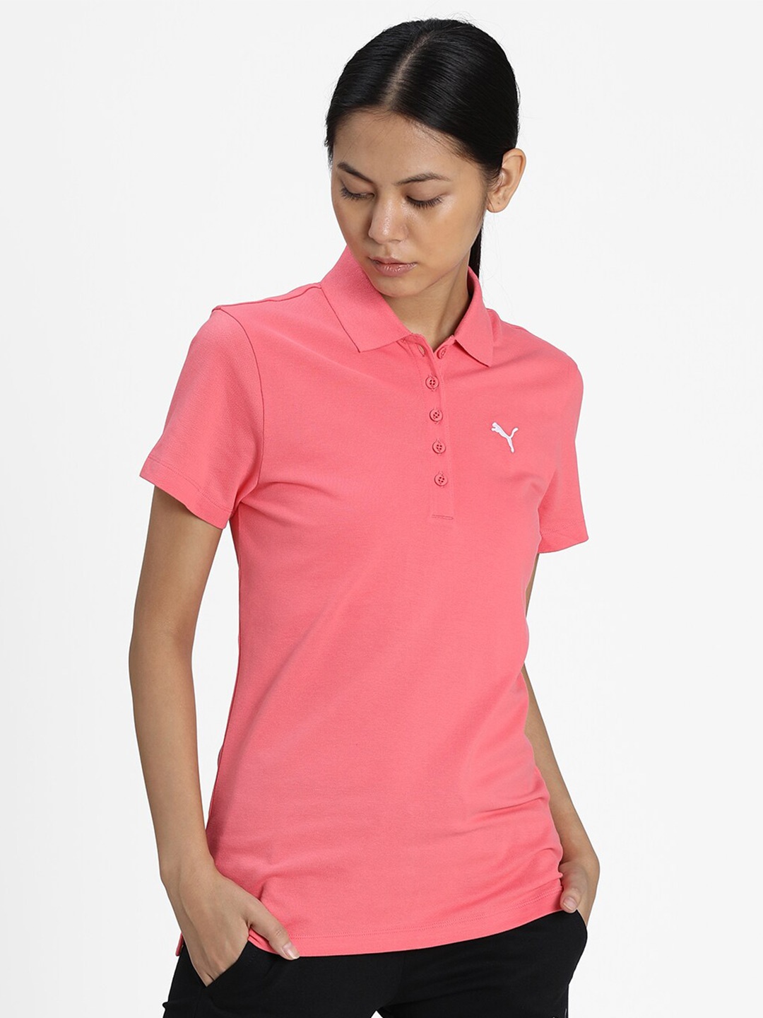 

Puma Women Pink Polo Collar Applique Slim Fit T-shirt