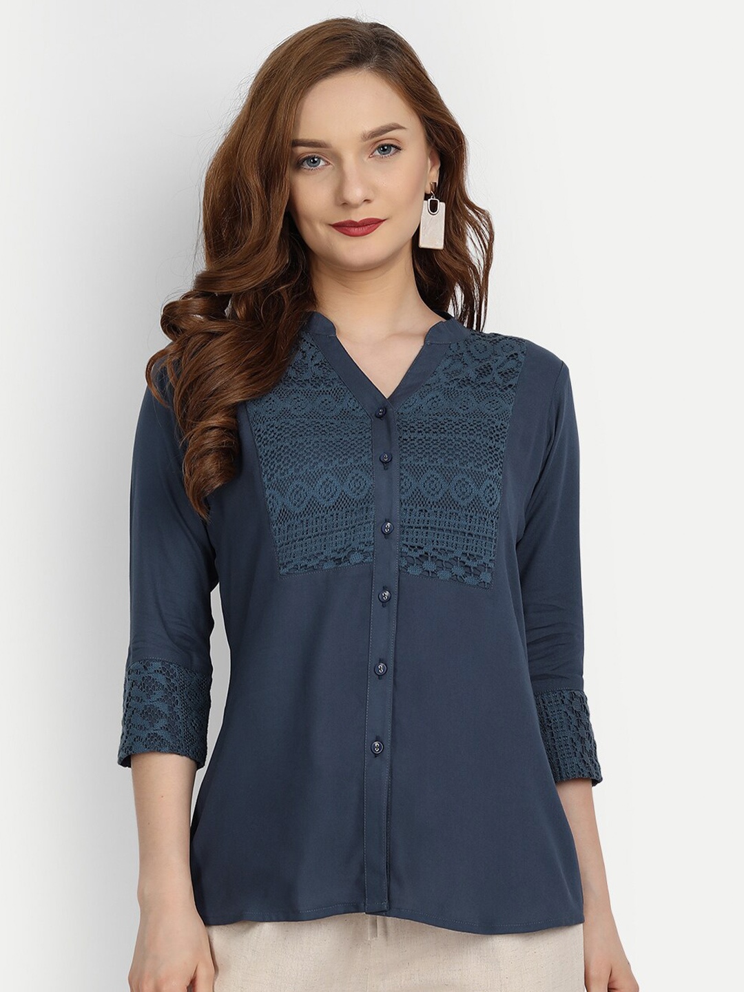 

HK colours of fashion Blue Mandarin Collar Shirt Style Top