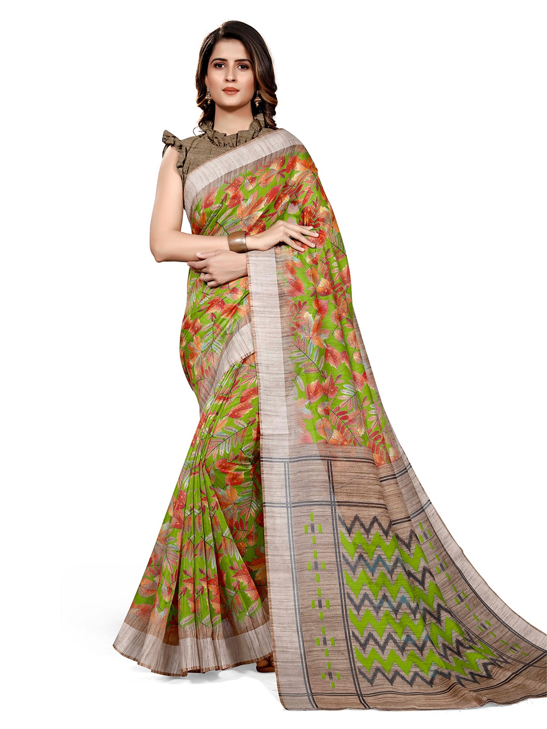 KALINI Green & beige Polycotton Floral Print Bagh Saree