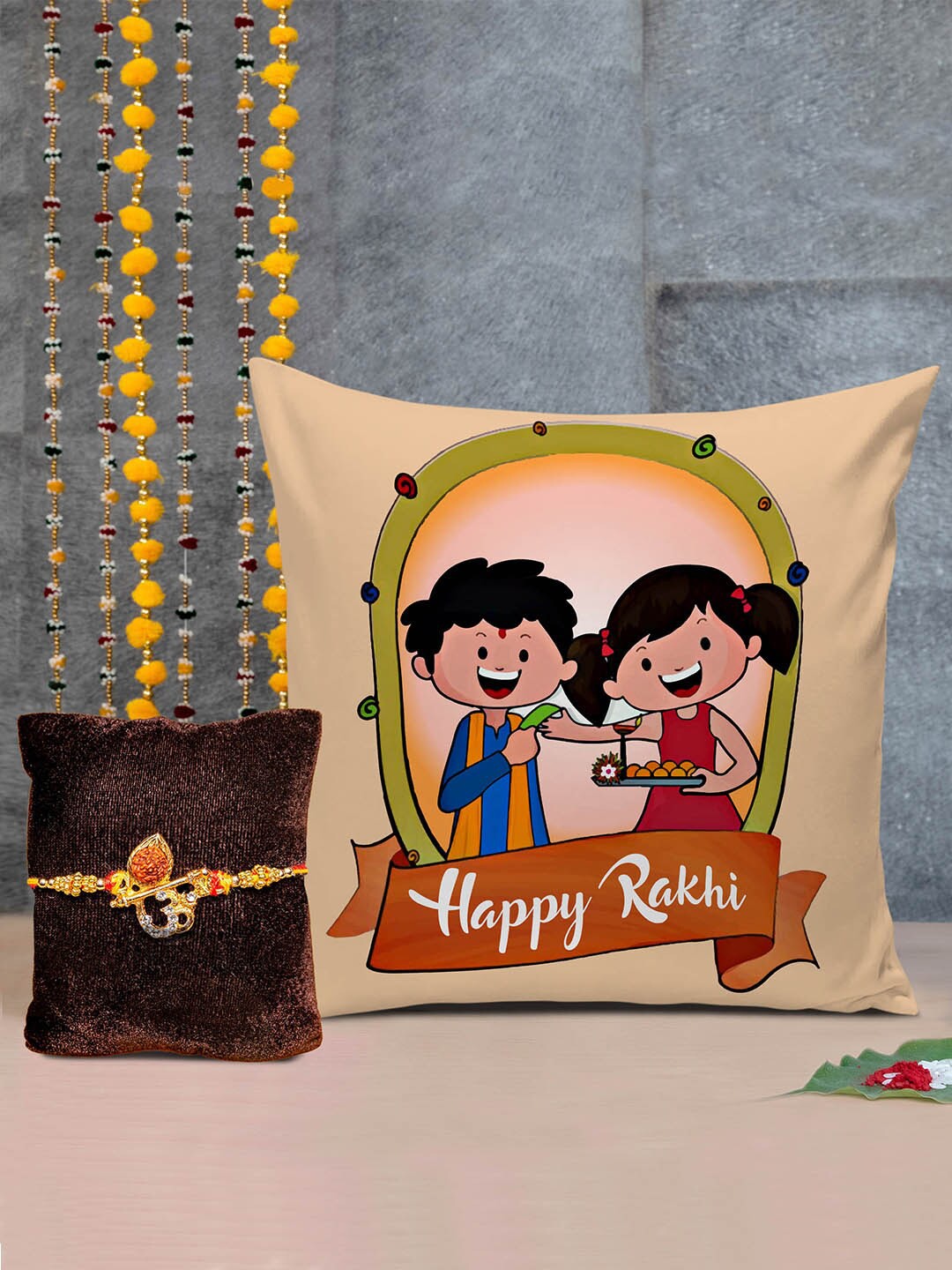 

TIED RIBBONS Yellow & Cream-coloured Cushion & Rakhi Gift Set