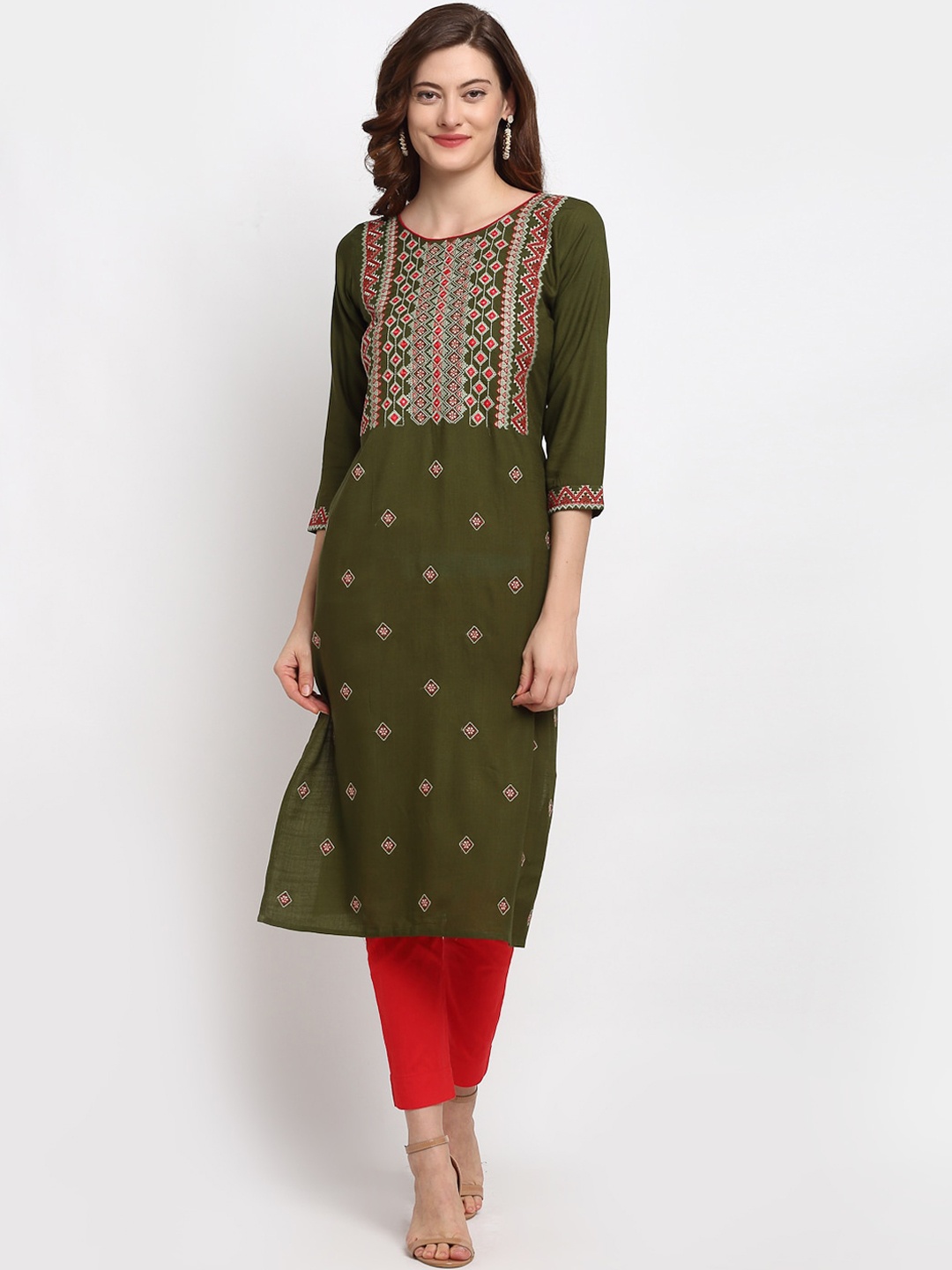 

Lovely Lady Women Olive Green Ethnic Motifs Embroidered Mirror Work Kurta
