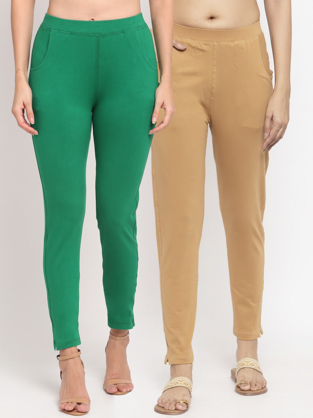 

NEUDIS Women Pack Of 2 Solid Ankle-Length Straight-Fit Leggings, Green