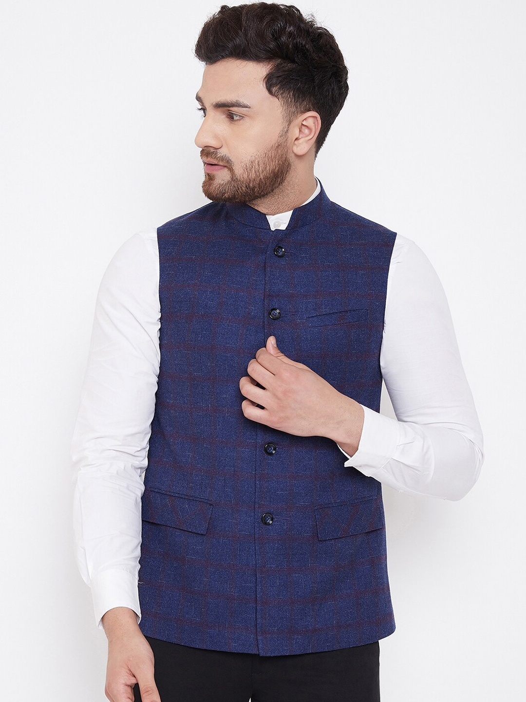 

Spirit Men Blue & Maroon Checked Woven Nehru Jacket