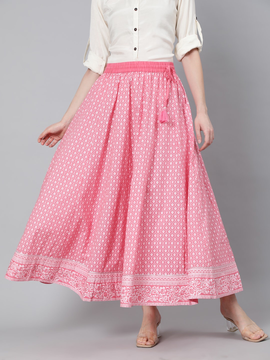 

Jaipur Kurti Pink & White Printed Flared Maxi Skirt
