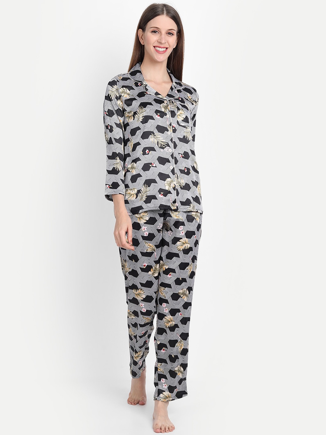 

IX IMPRESSION Women Black & White Printed Night suit