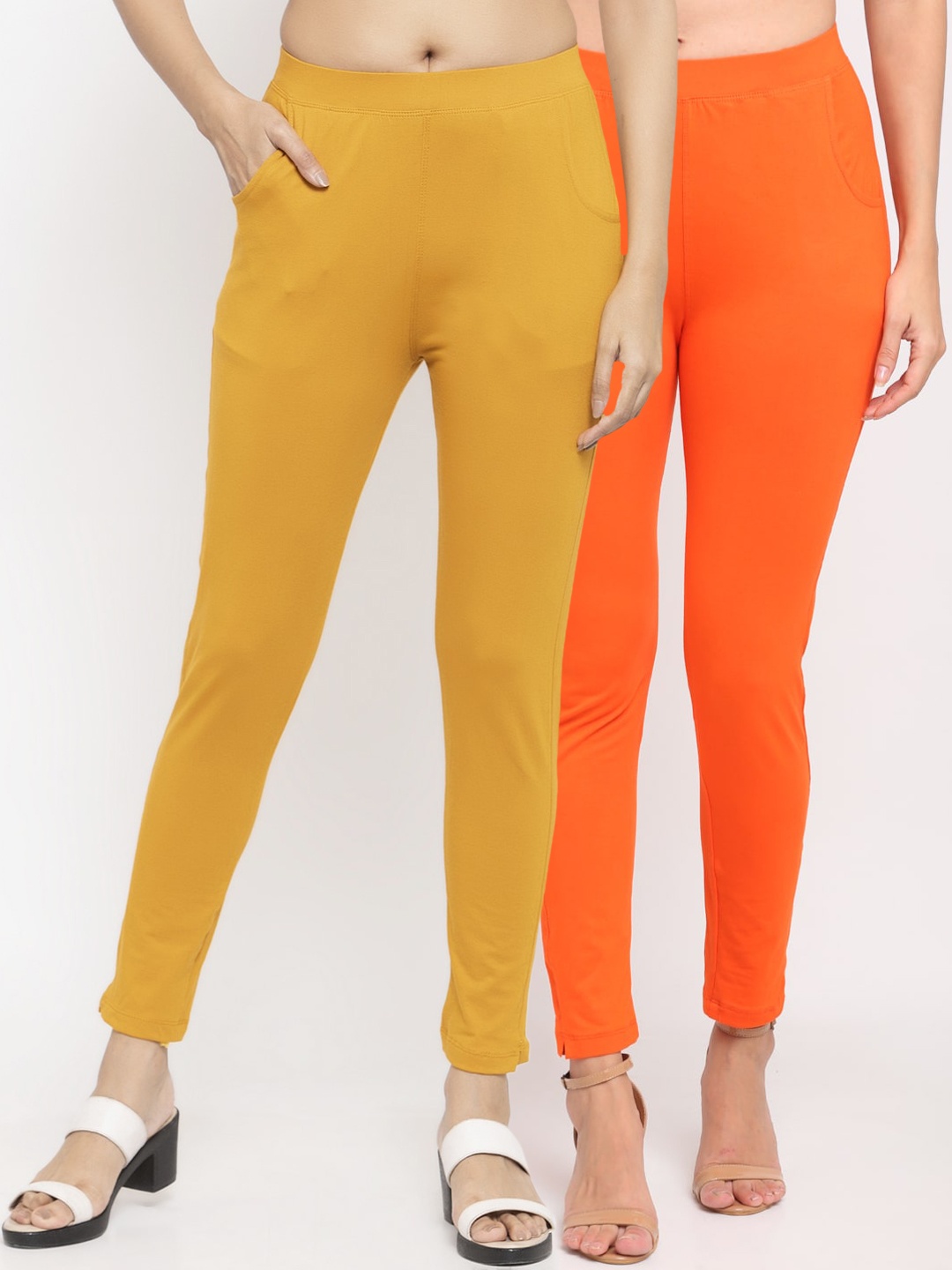 

NEUDIS Women Pack Of 2 Solid Ankle-Length Leggings, Orange