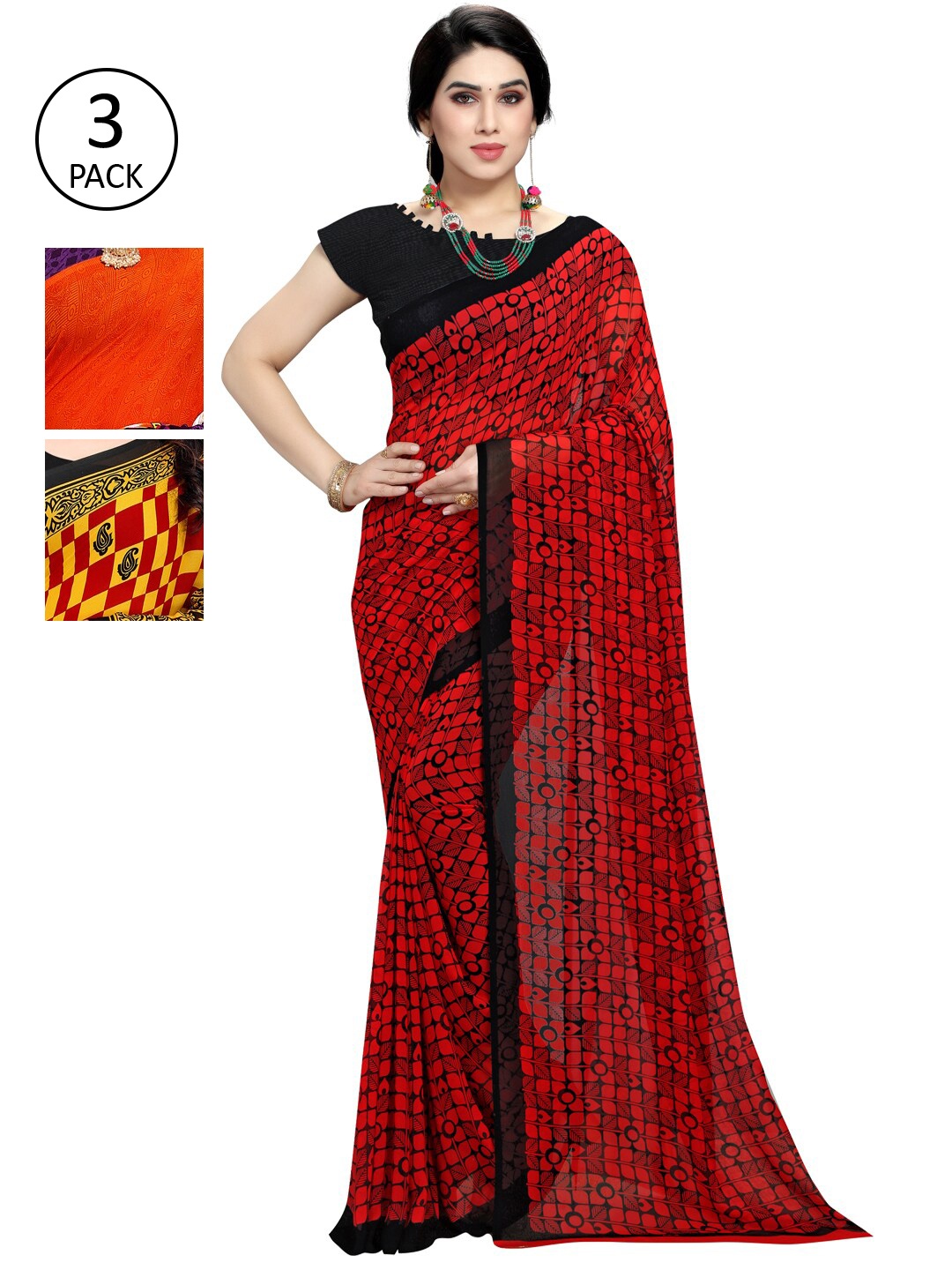 

KALINI Multicoloured Set of 3 Poly Georgette Saree, Multi
