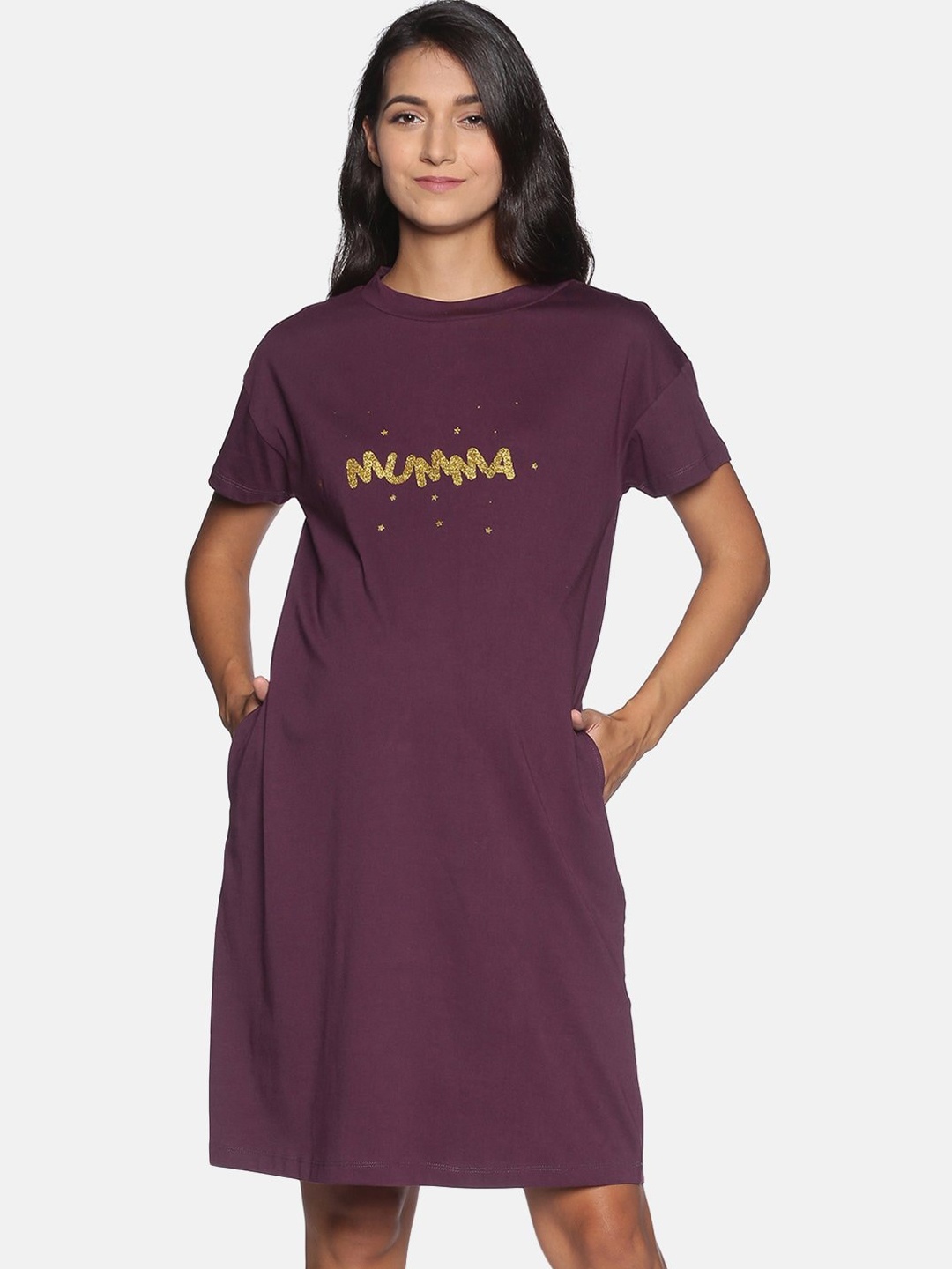 

The Mom Store Maternity Burgundy & Gold-Toned Cotton T-shirt Dress