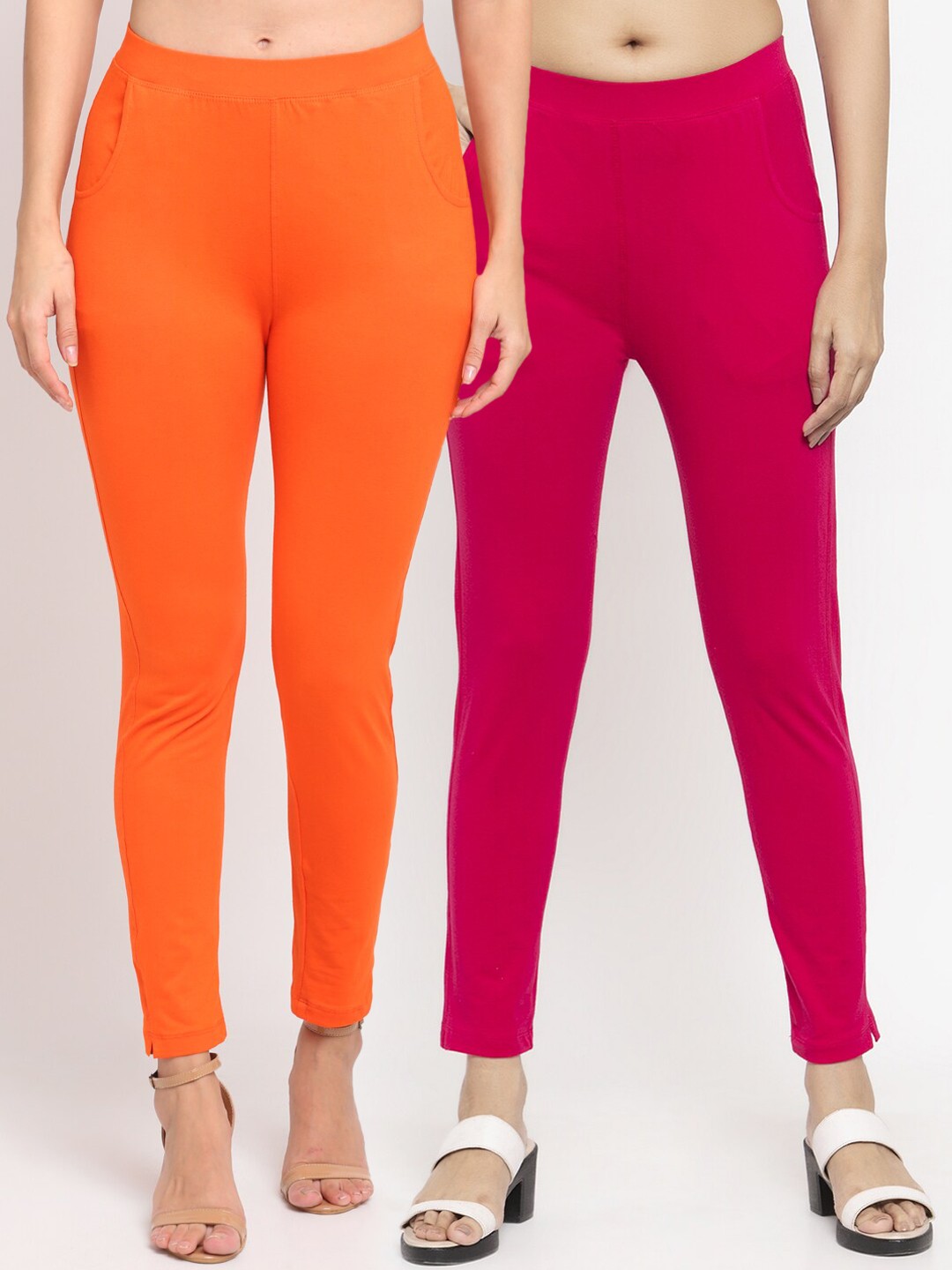 

NEUDIS Women Pack of 2 Solid Ankle-Length Leggings, Orange
