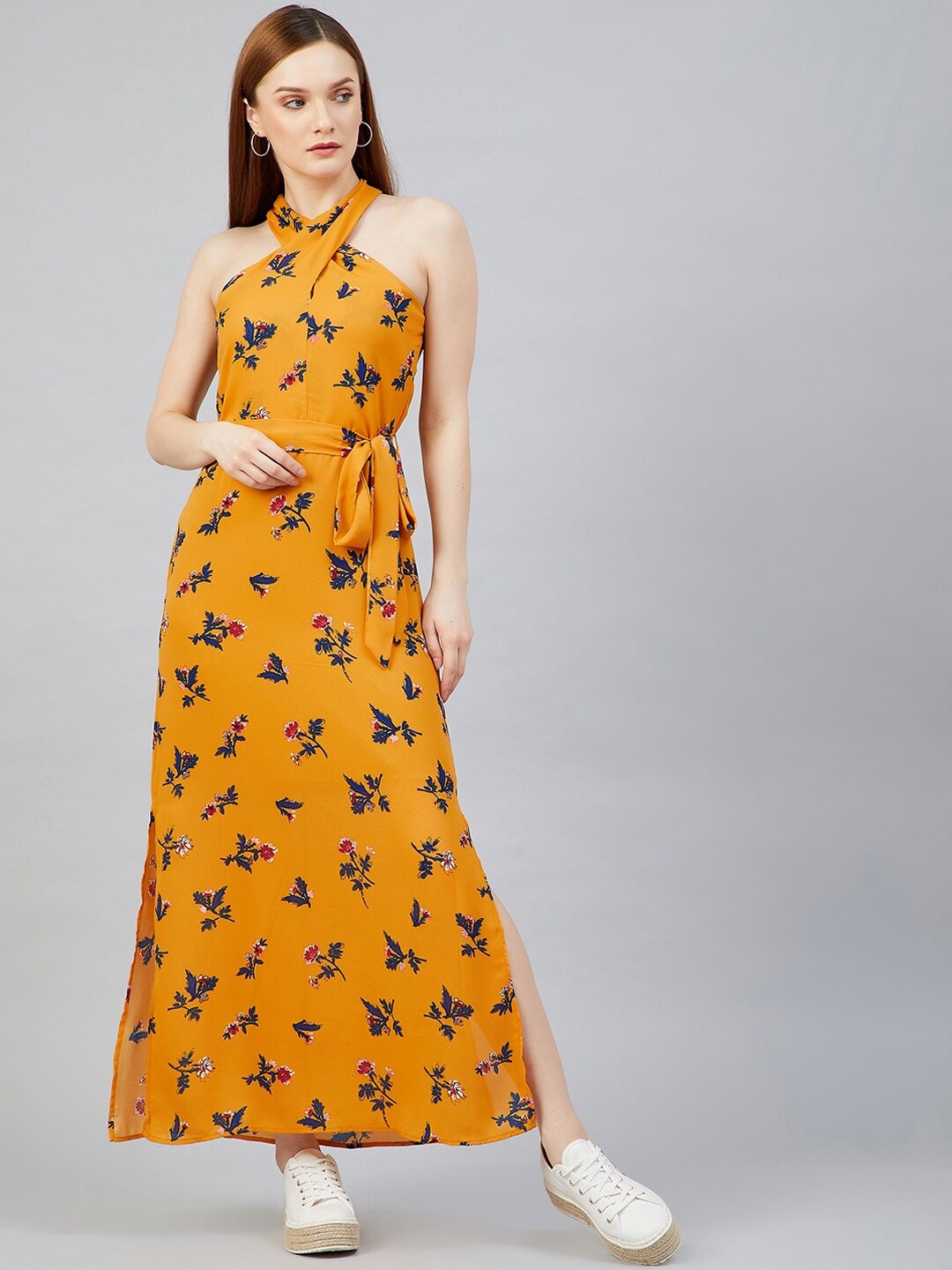 

RARE Mustard Yellow & Blue Floral Halter Neck Maxi Dress