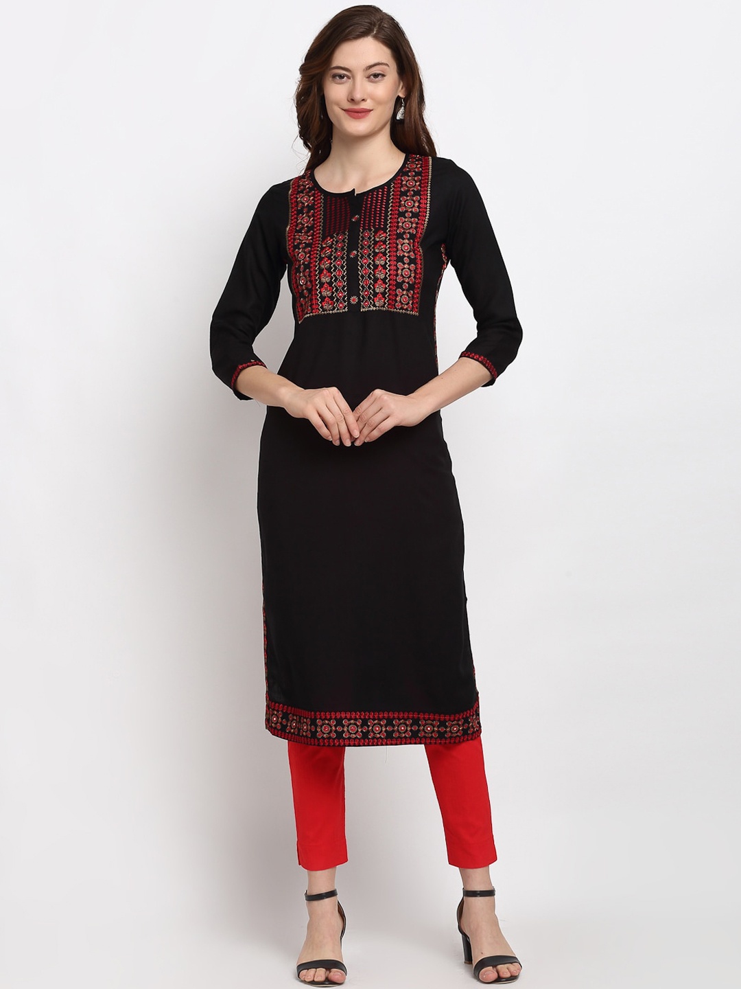 

Lovely Lady Women Black Embroidered Keyhole Neck Kurta