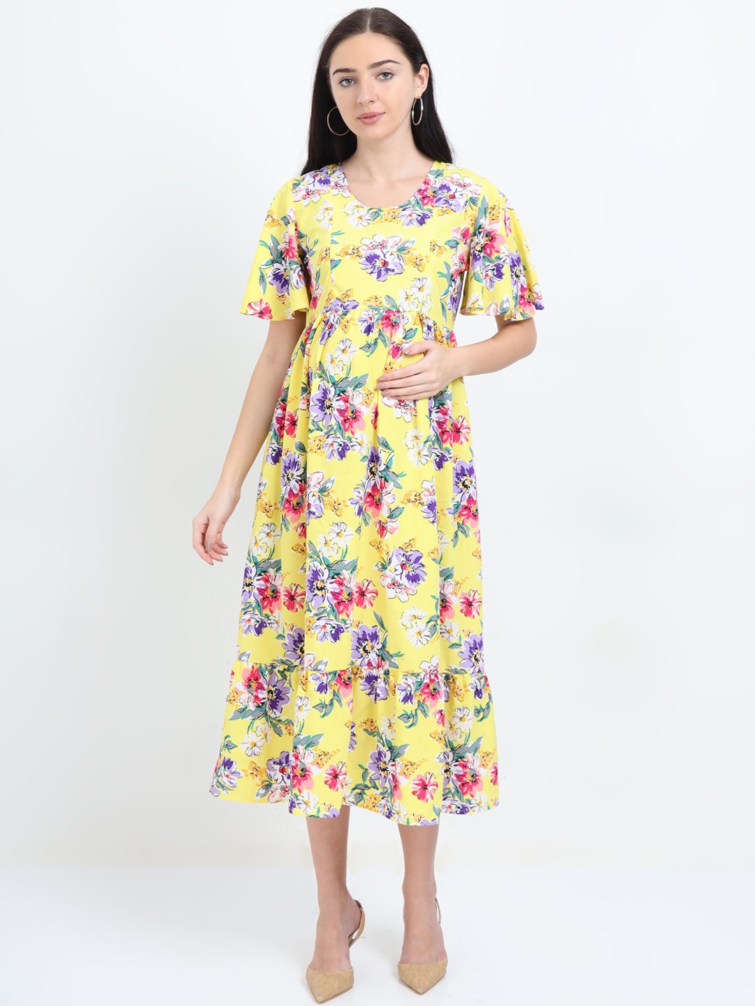 

The Mom Store Yellow Floral Crepe Maternity Midi Dress